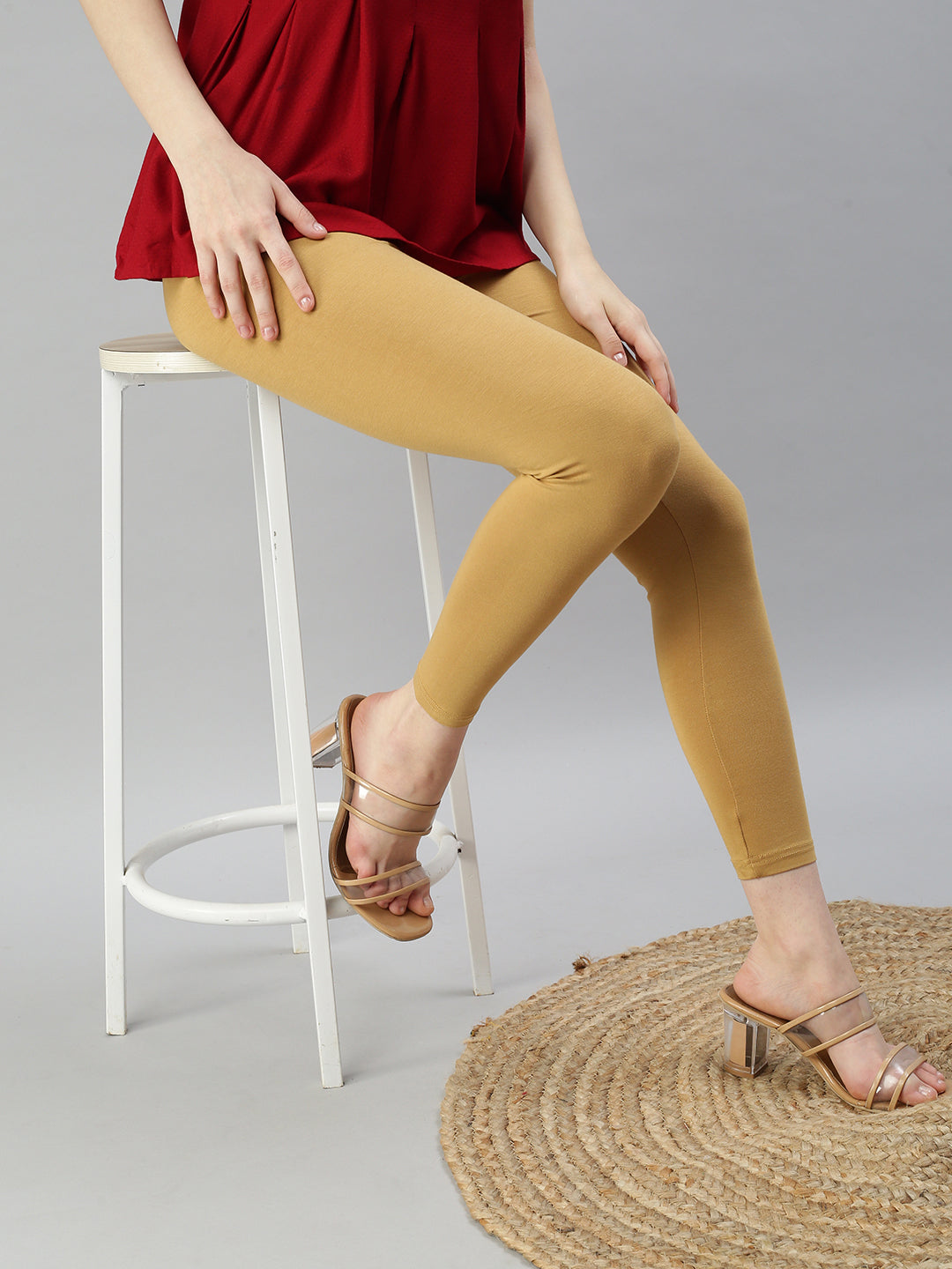 Buy De Moza Girls Polyester Solid Ankle Length Leggings Gold online
