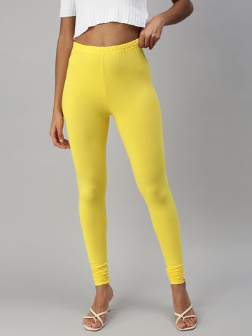 High Waist Lemon Yellow Cotton Legging, Casual Wear, Slim Fit at