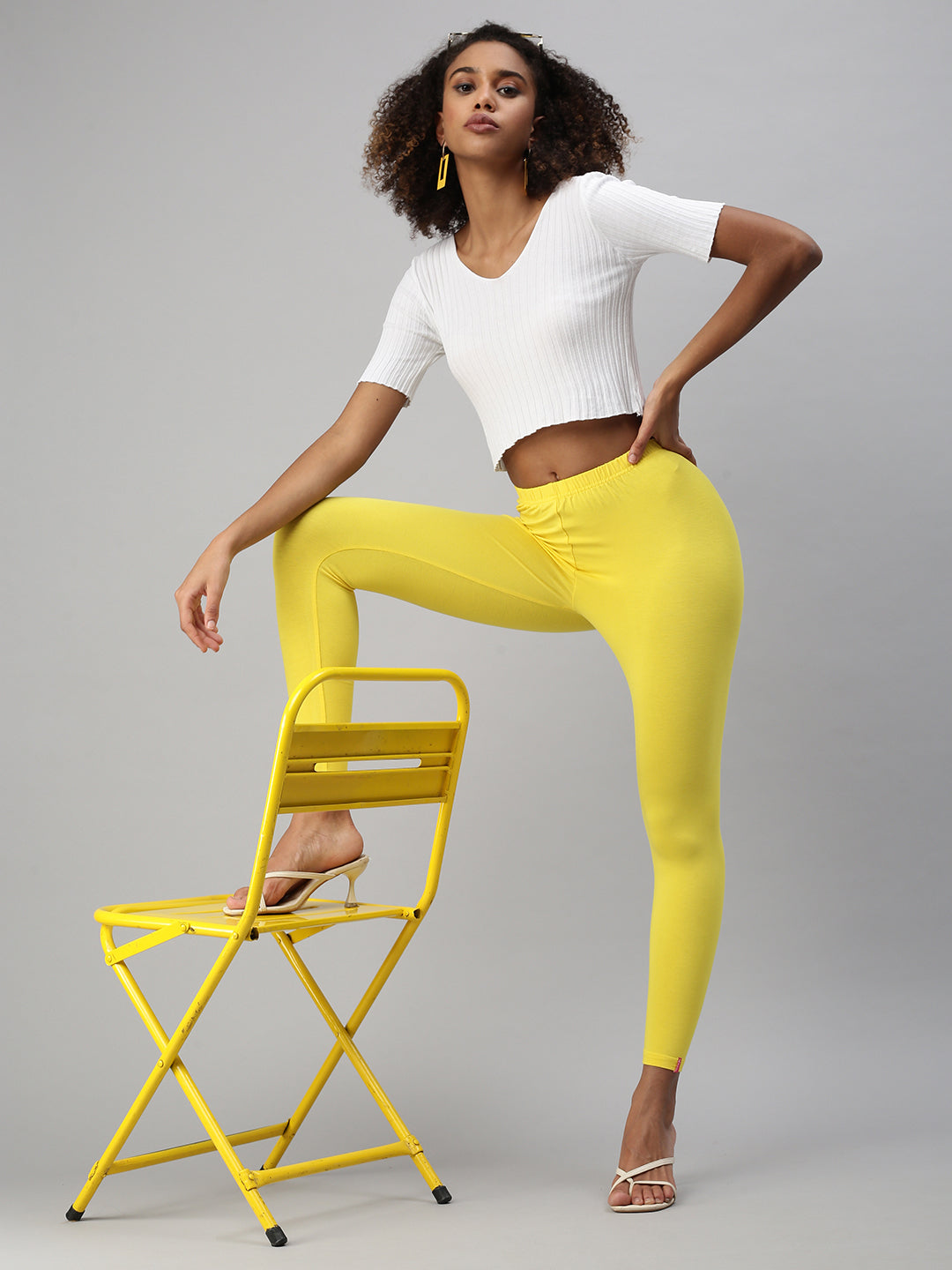 High Waist Lemon Yellow Cotton Legging, Casual Wear, Slim Fit at